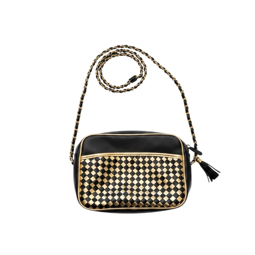 Vintage‎ Black Gold Woven Checkerboard Crossbody Bag Tassel Chain